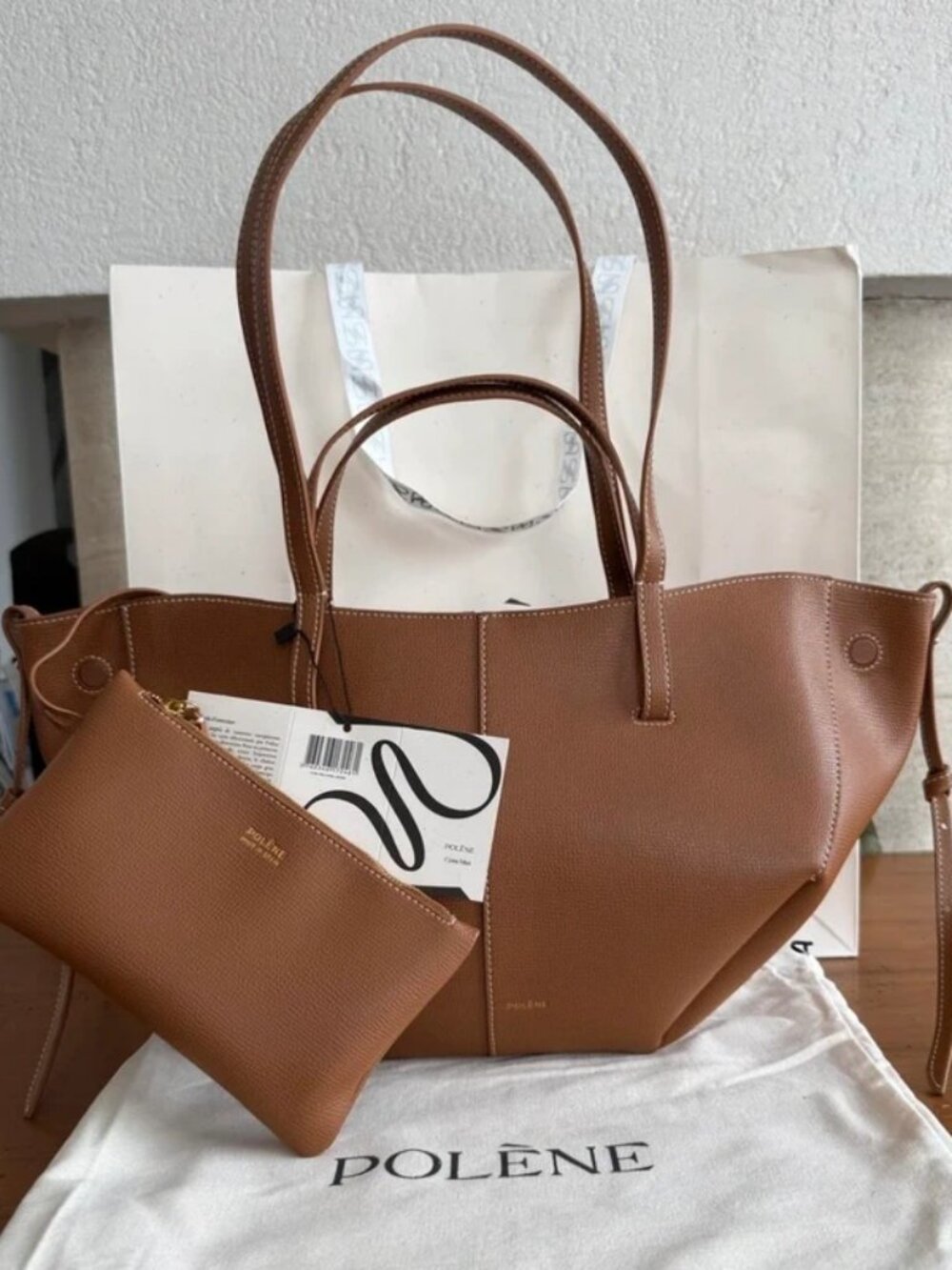 Polene Cyme Mini Textured Camel Leather Tote